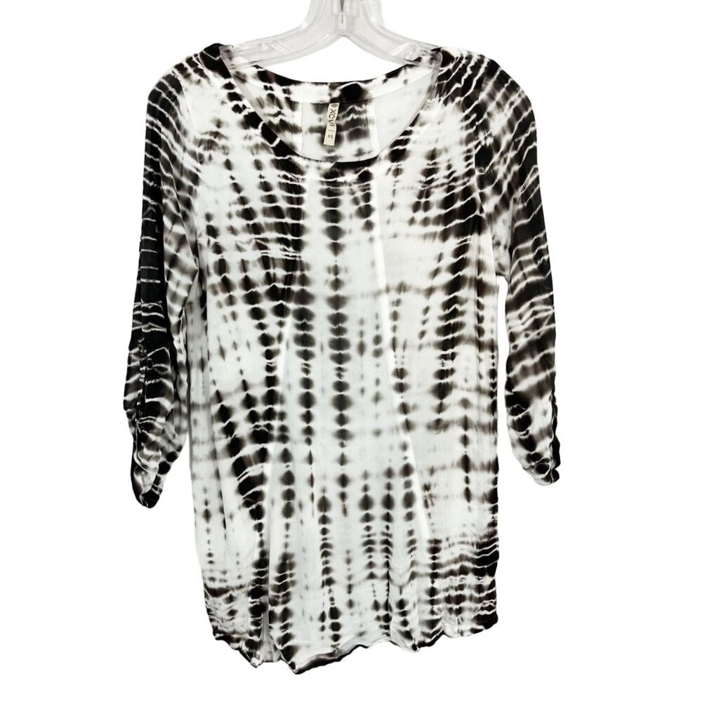 XCVI Brown‎ & White Tie-Dye Roll Tab Sleeve Top Artsy Rayon - Size XS